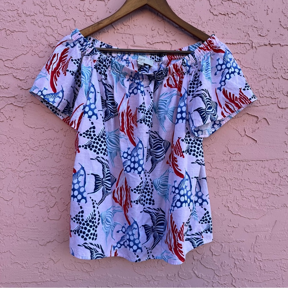 LOFT Fish Print Top Off-the-Shoulder Blue Red Tropical Beach Size Medium